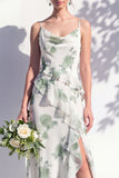Mermaid Cowl Neck Blue Flower Ruffled Long Bridesmaid Dress with Slit