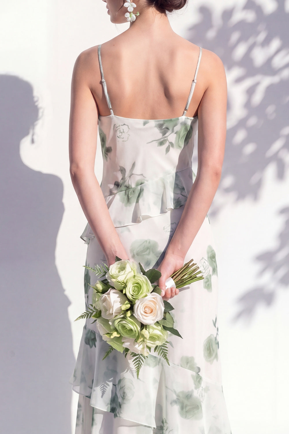 Mermaid Cowl Neck Blue Flower Ruffled Long Bridesmaid Dress with Slit