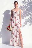 Mermaid Cowl Neck Blue Flower Ruffled Long Bridesmaid Dress with Slit
