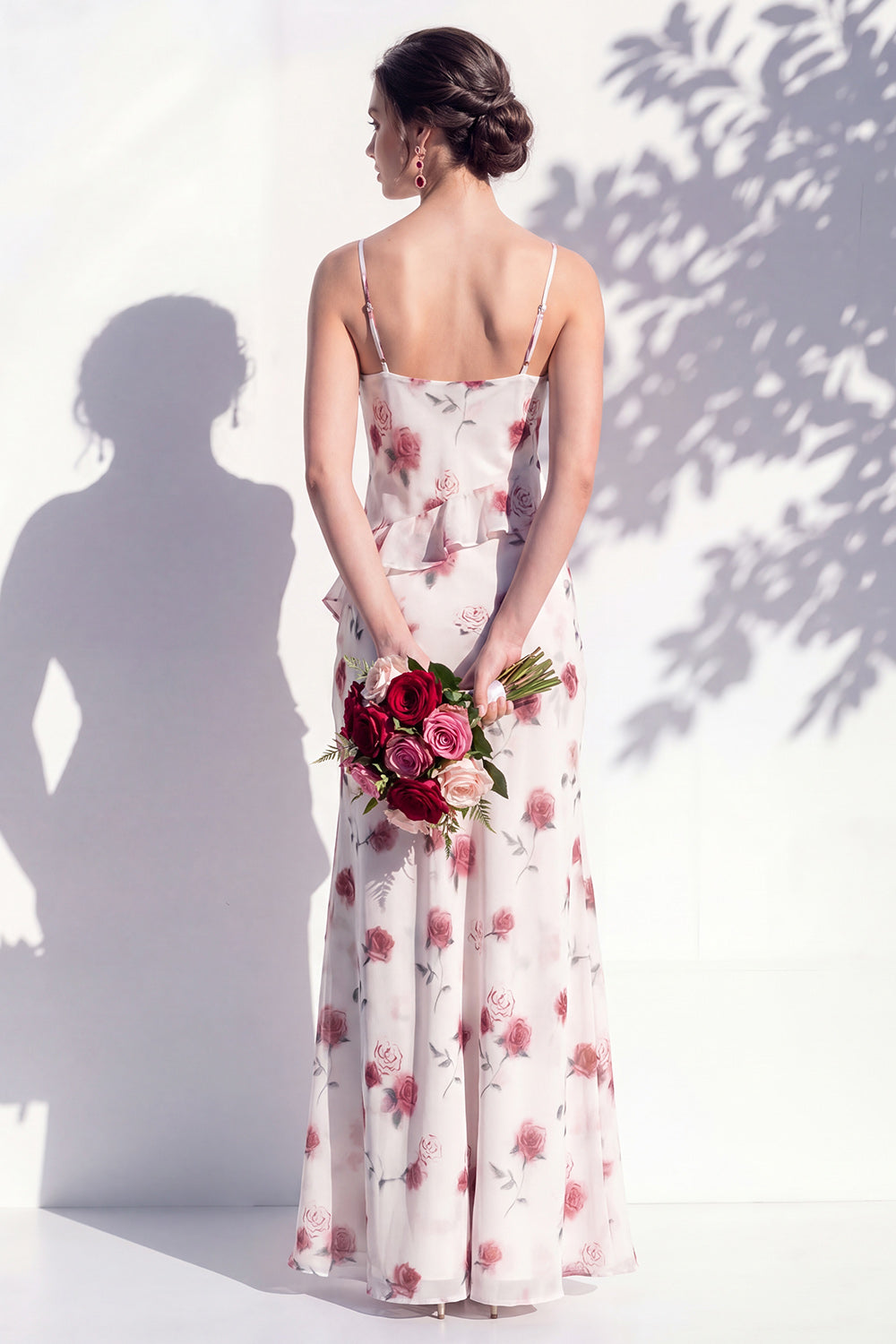 Mermaid Cowl Neck Blue Flower Ruffled Long Bridesmaid Dress with Slit