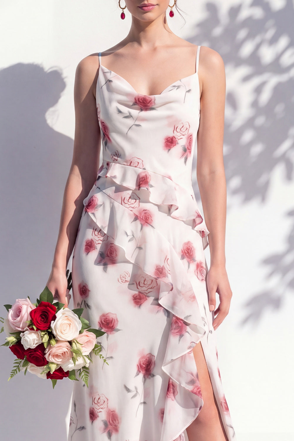 Mermaid Cowl Neck Blue Flower Ruffled Long Bridesmaid Dress with Slit