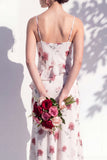 Mermaid Cowl Neck Blue Flower Ruffled Long Bridesmaid Dress with Slit