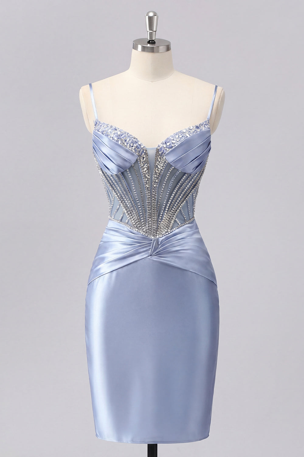 Sparkly Grey Blue Corset Tight Short Ruched Homecoming Dress with Beading