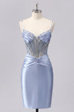 Sparkly Grey Blue Corset Tight Short Ruched Homecoming Dress with Beading