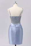 Sparkly Grey Blue Corset Tight Short Ruched Homecoming Dress with Beading