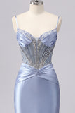 Sparkly Grey Blue Corset Tight Short Ruched Homecoming Dress with Beading