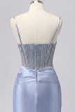 Sparkly Grey Blue Corset Tight Short Ruched Homecoming Dress with Beading