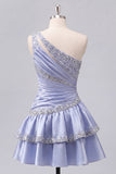 A Line Sparkly Grey Blue Rhinestones Short Ruched Homecoming Dress with Ruffles