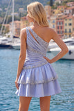 A Line Sparkly Grey Blue Rhinestones Short Ruched Homecoming Dress with Ruffles