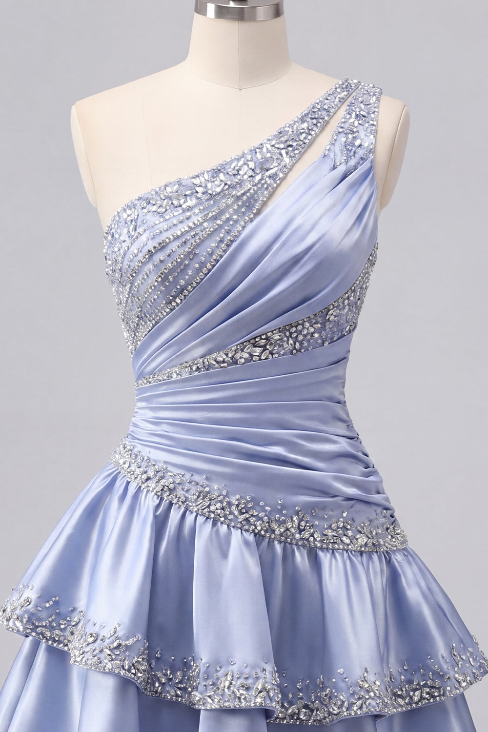 A Line Sparkly Grey Blue Rhinestones Short Ruched Homecoming Dress with Ruffles