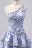 A Line Sparkly Grey Blue Rhinestones Short Ruched Homecoming Dress with Ruffles