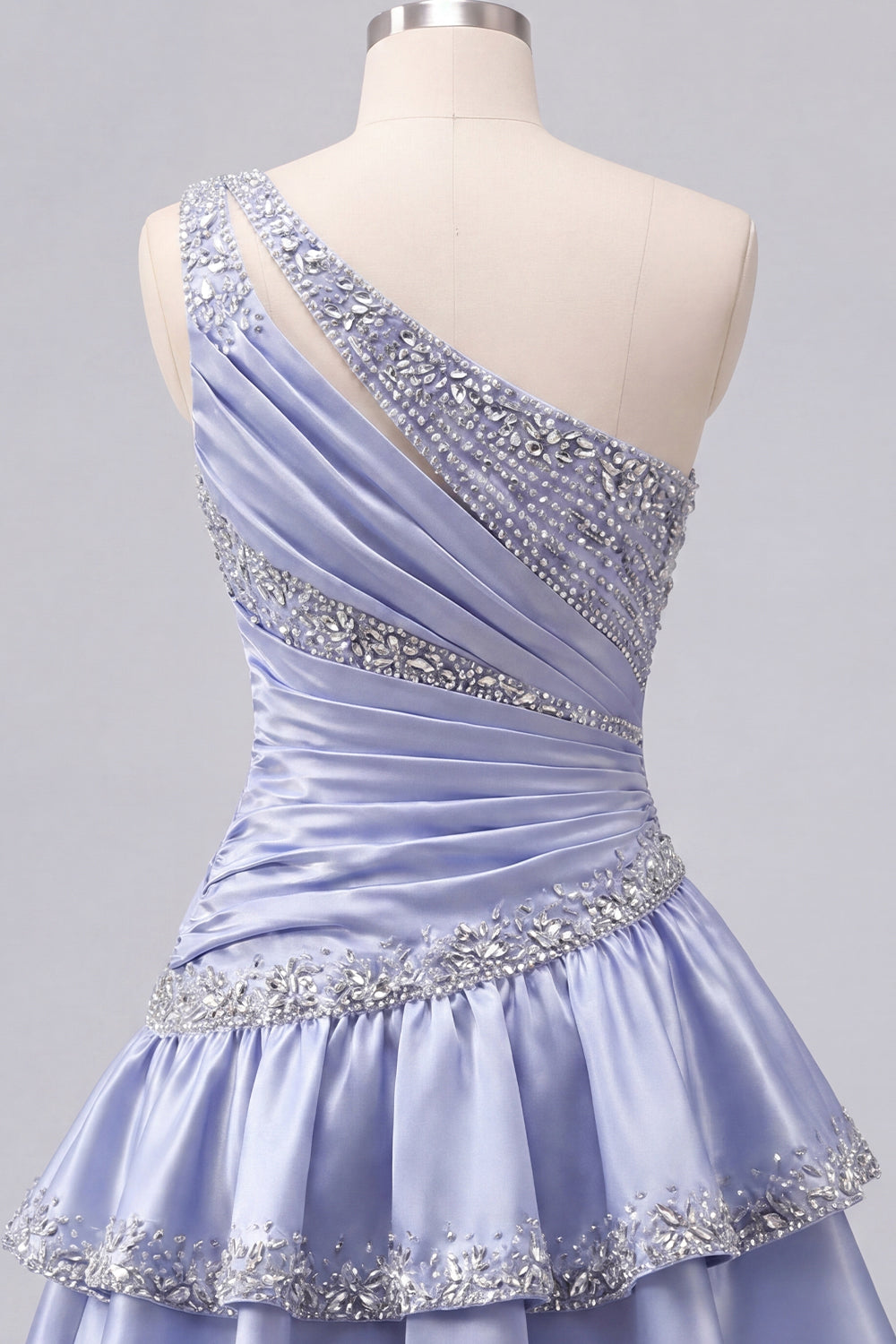 A Line Sparkly Grey Blue Rhinestones Short Ruched Homecoming Dress with Ruffles