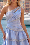 A Line Sparkly Grey Blue Rhinestones Short Ruched Homecoming Dress with Ruffles