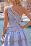 A Line Sparkly Grey Blue Rhinestones Short Ruched Homecoming Dress with Ruffles