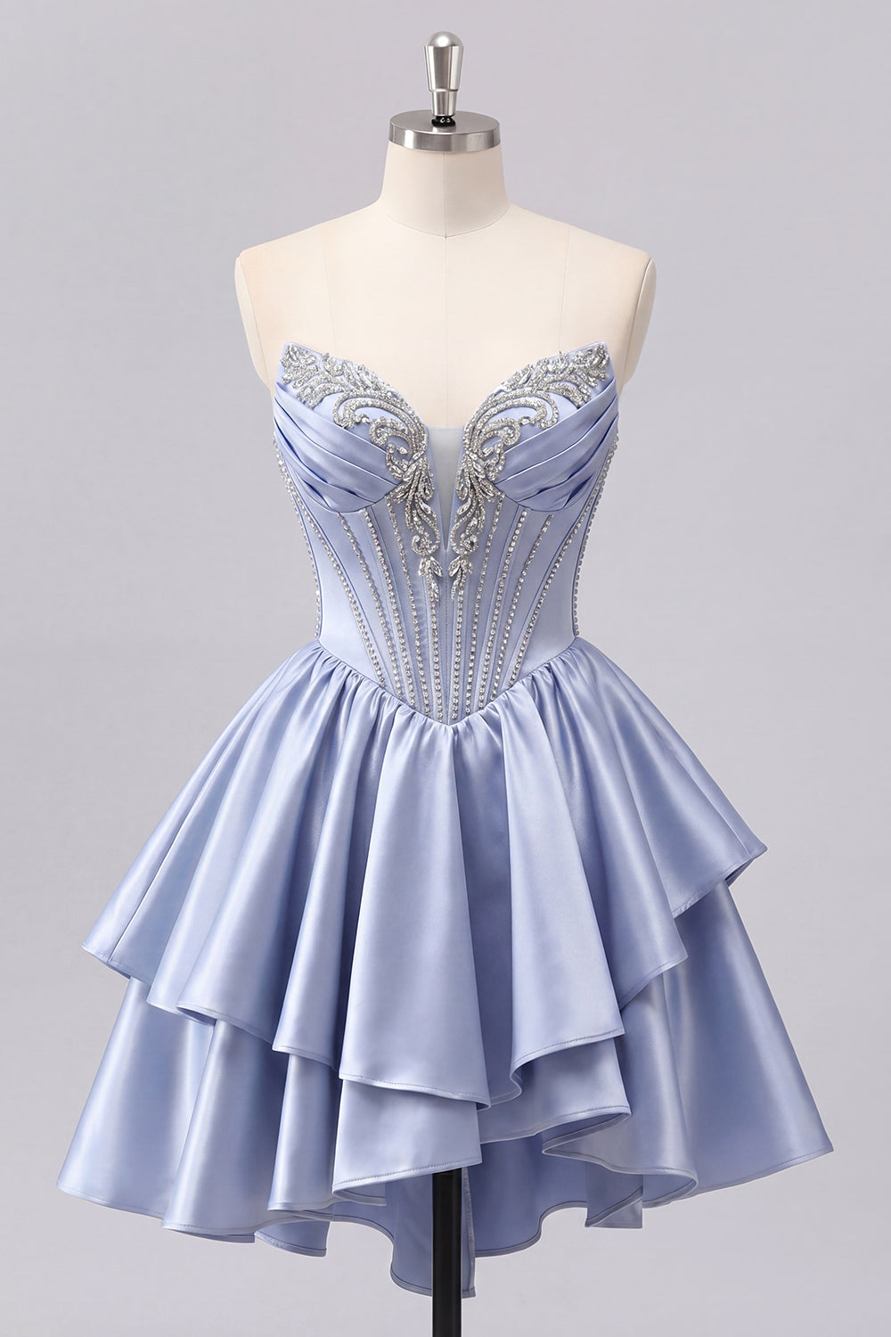 Short A Line Corset Beaded Sparkly Grey Blue Homecoming Dress with Ruffles