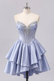 Short A Line Corset Beaded Sparkly Grey Blue Homecoming Dress with Ruffles