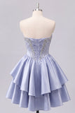 Short A Line Corset Beaded Sparkly Grey Blue Homecoming Dress with Ruffles