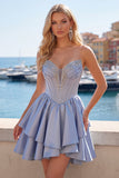Short A Line Corset Beaded Sparkly Grey Blue Homecoming Dress with Ruffles