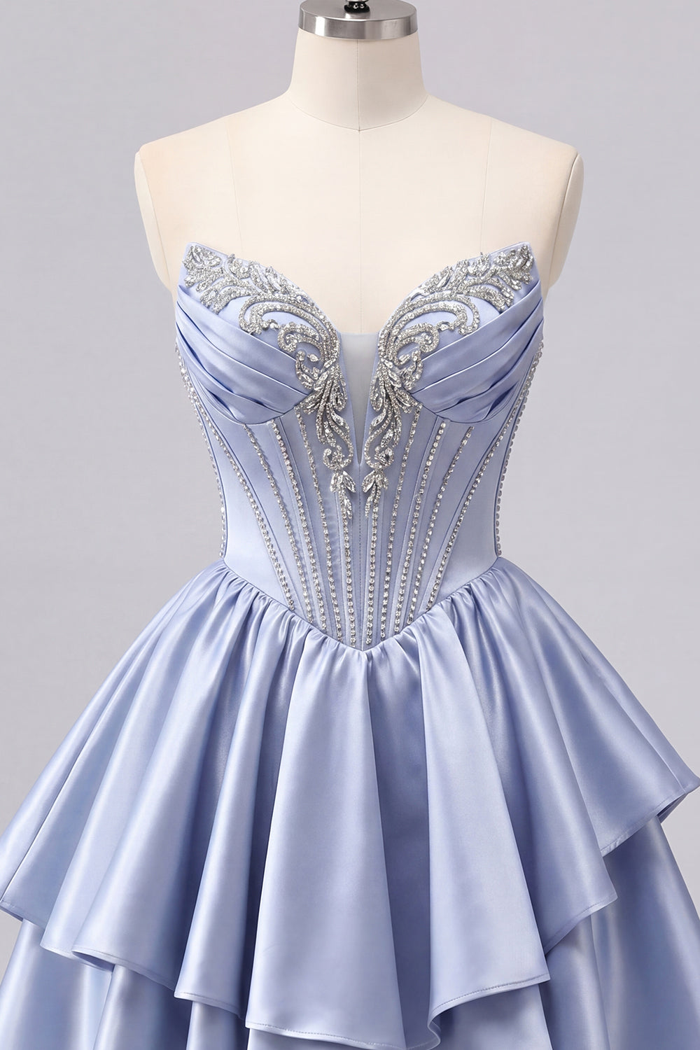 Short A Line Corset Beaded Sparkly Grey Blue Homecoming Dress with Ruffles