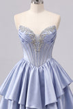 Short A Line Corset Beaded Sparkly Grey Blue Homecoming Dress with Ruffles