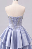 Short A Line Corset Beaded Sparkly Grey Blue Homecoming Dress with Ruffles