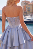 Short A Line Corset Beaded Sparkly Grey Blue Homecoming Dress with Ruffles