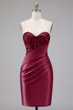 Sweetheart Sparkly Burgundy Tight Short Beaded Ruched Homecoming Dress