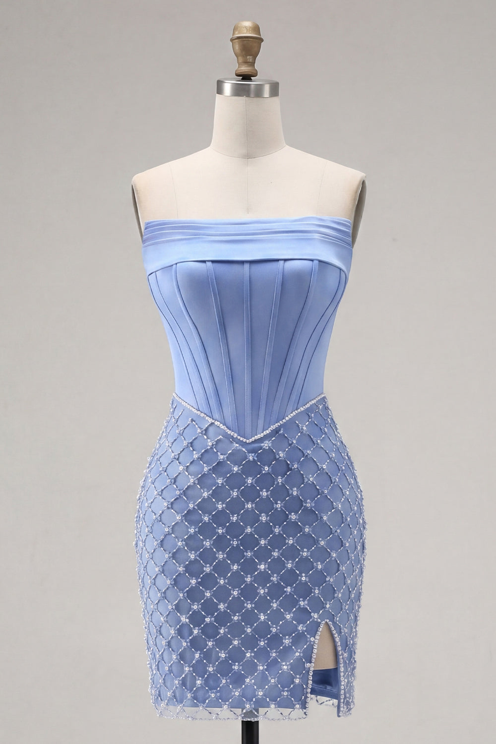 Strapless Blue Corset Tight Short Homecoming Dress with Pearls