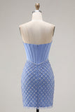 Strapless Blue Corset Tight Short Homecoming Dress with Pearls