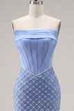 Strapless Blue Corset Tight Short Homecoming Dress with Pearls