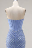Strapless Blue Corset Tight Short Homecoming Dress with Pearls