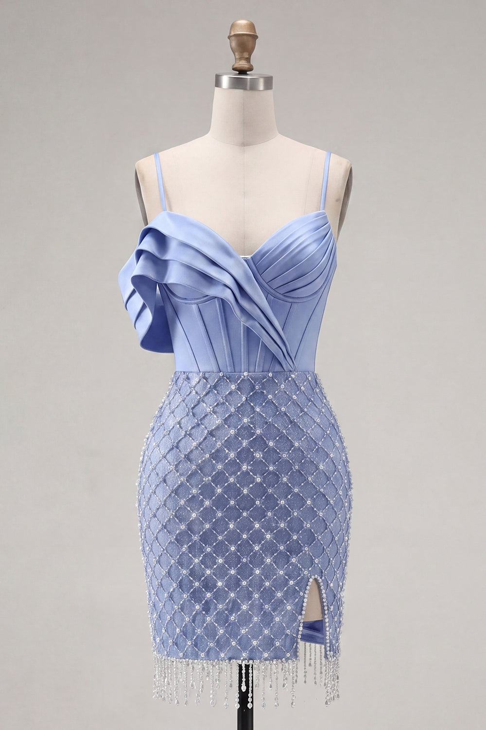 Ruffled Blue Corset Tight Short Fringed Homecoming Dress with Pearls