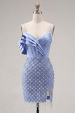 Ruffled Blue Corset Tight Short Fringed Homecoming Dress with Pearls