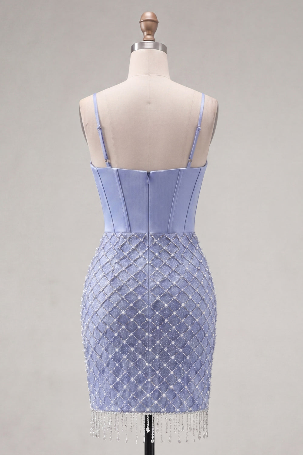 Ruffled Blue Corset Tight Short Fringed Homecoming Dress with Pearls