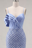 Ruffled Blue Corset Tight Short Fringed Homecoming Dress with Pearls