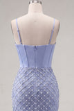 Ruffled Blue Corset Tight Short Fringed Homecoming Dress with Pearls