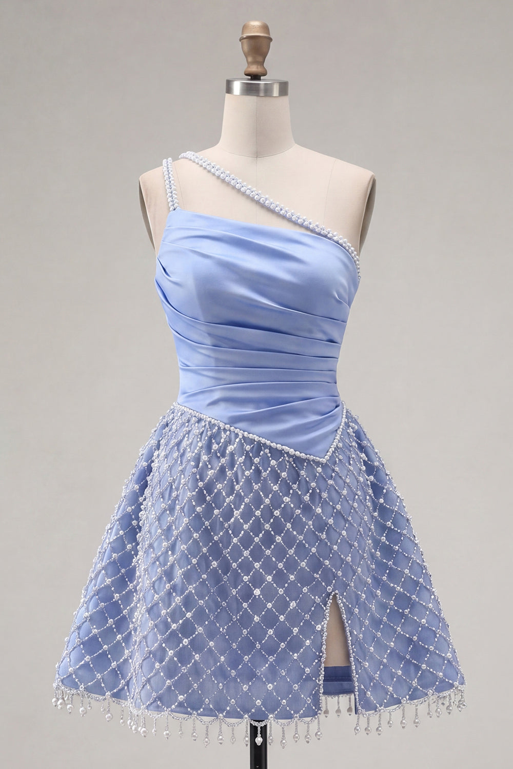 One Shoulder Blue A Line Short Ruched Homecoming Dress with Pearls