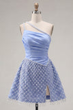One Shoulder Blue A Line Short Ruched Homecoming Dress with Pearls