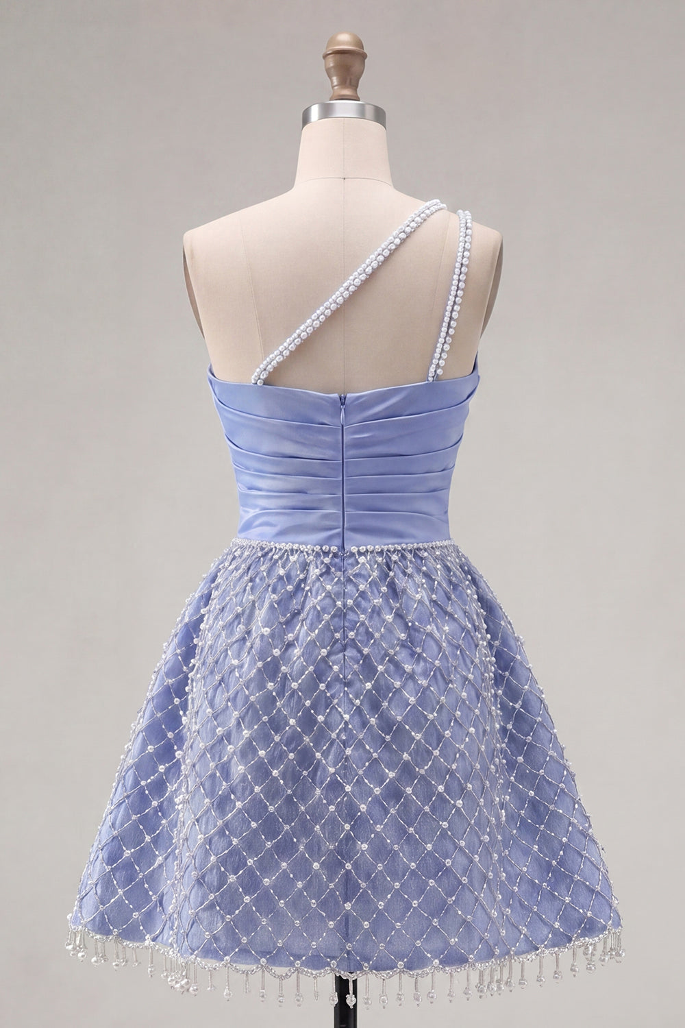 One Shoulder Blue A Line Short Ruched Homecoming Dress with Pearls