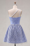 One Shoulder Blue A Line Short Ruched Homecoming Dress with Pearls