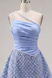 One Shoulder Blue A Line Short Ruched Homecoming Dress with Pearls
