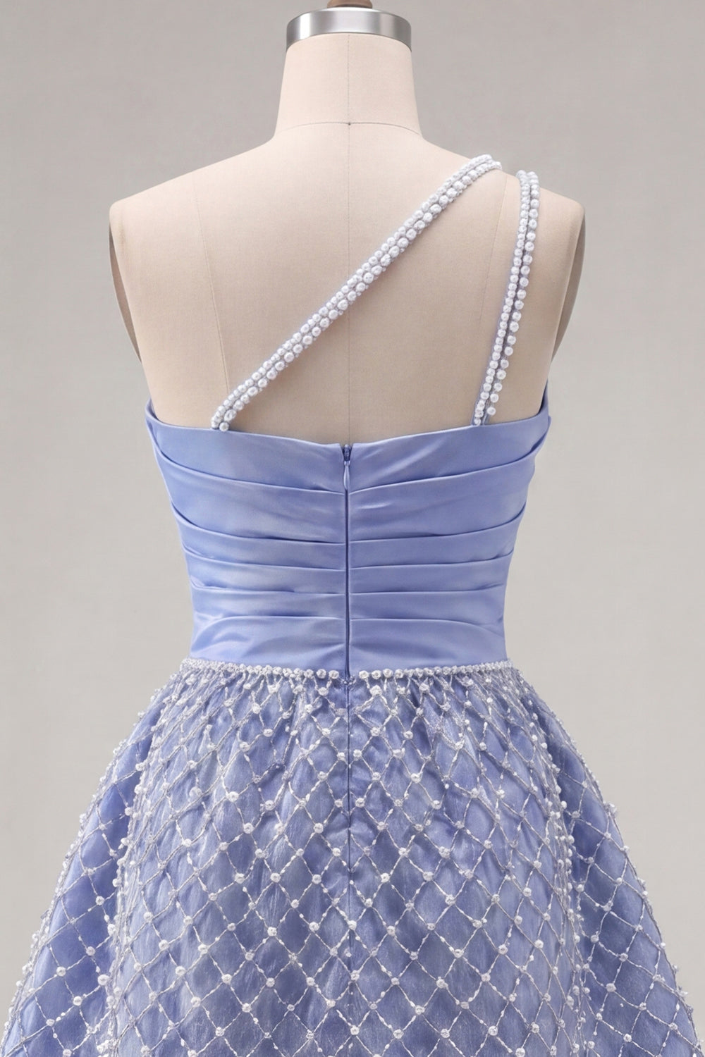 One Shoulder Blue A Line Short Ruched Homecoming Dress with Pearls