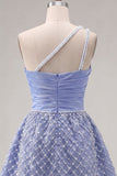 One Shoulder Blue A Line Short Ruched Homecoming Dress with Pearls