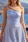 One Shoulder Blue A Line Short Ruched Homecoming Dress with Pearls