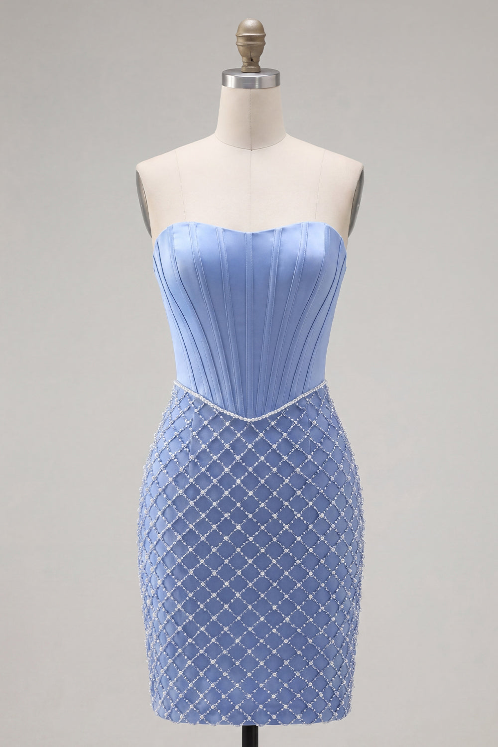 Corset Tight Short Strapless Basque Waist Blue Homecoming Dress with Pearls