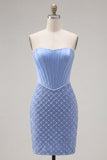 Corset Tight Short Strapless Basque Waist Blue Homecoming Dress with Pearls