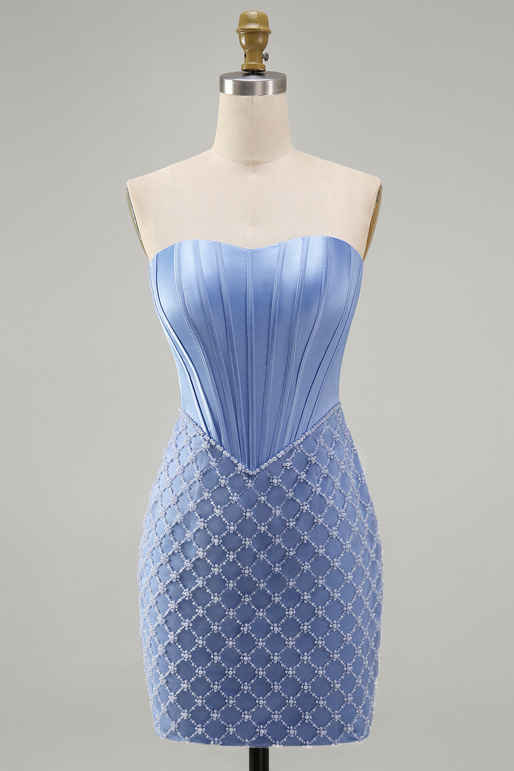 Corset Tight Short Strapless Basque Waist Blue Homecoming Dress with Pearls