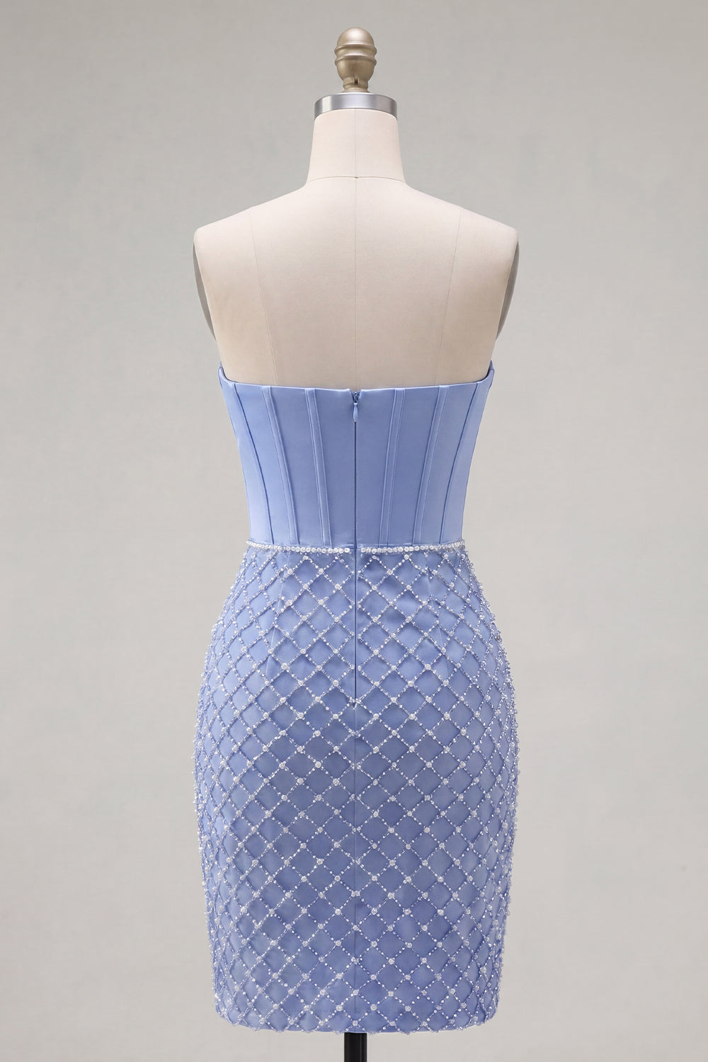 Corset Tight Short Strapless Basque Waist Blue Homecoming Dress with Pearls