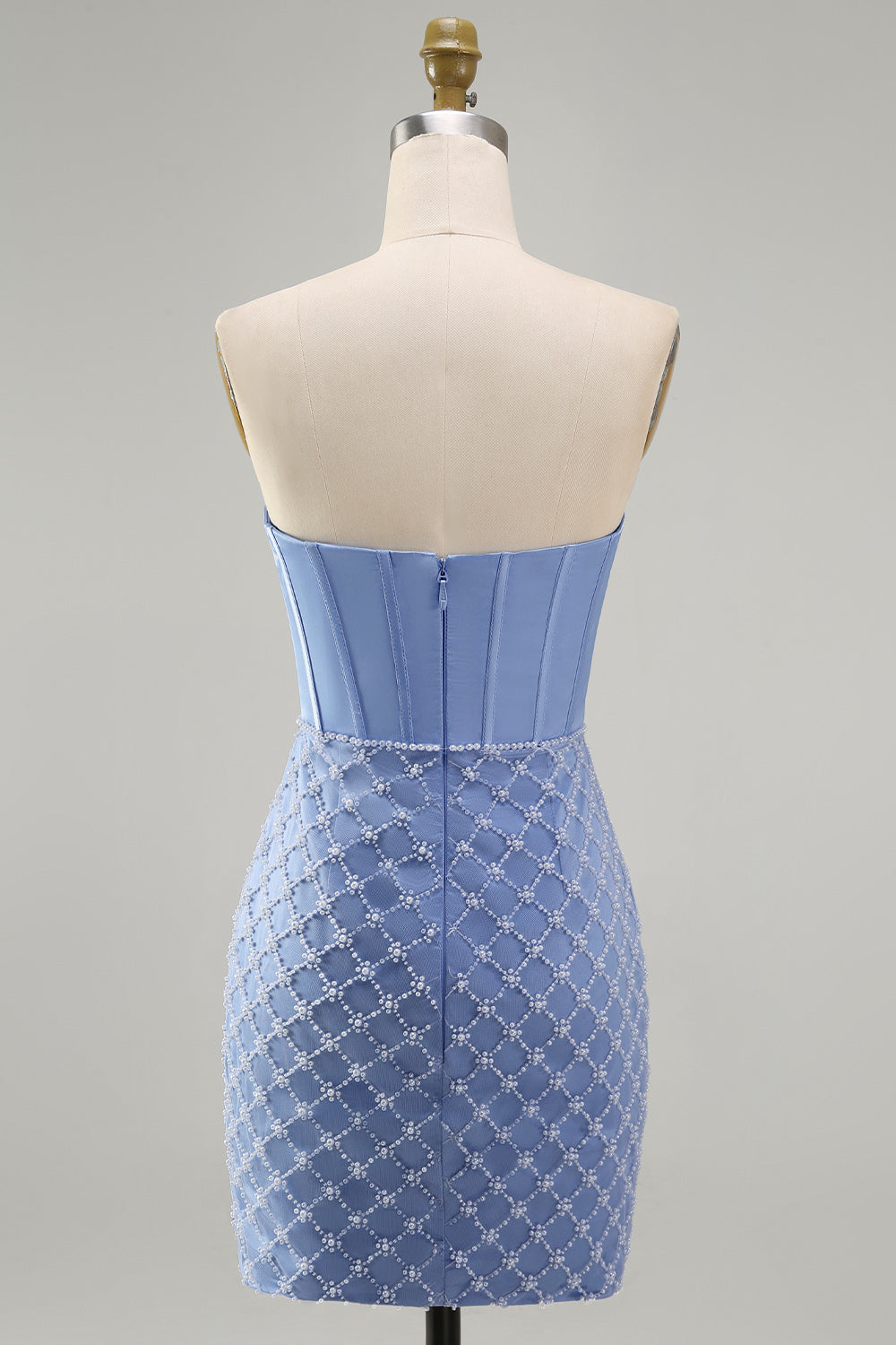 Corset Tight Short Strapless Basque Waist Blue Homecoming Dress with Pearls