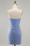 Corset Tight Short Strapless Basque Waist Blue Homecoming Dress with Pearls